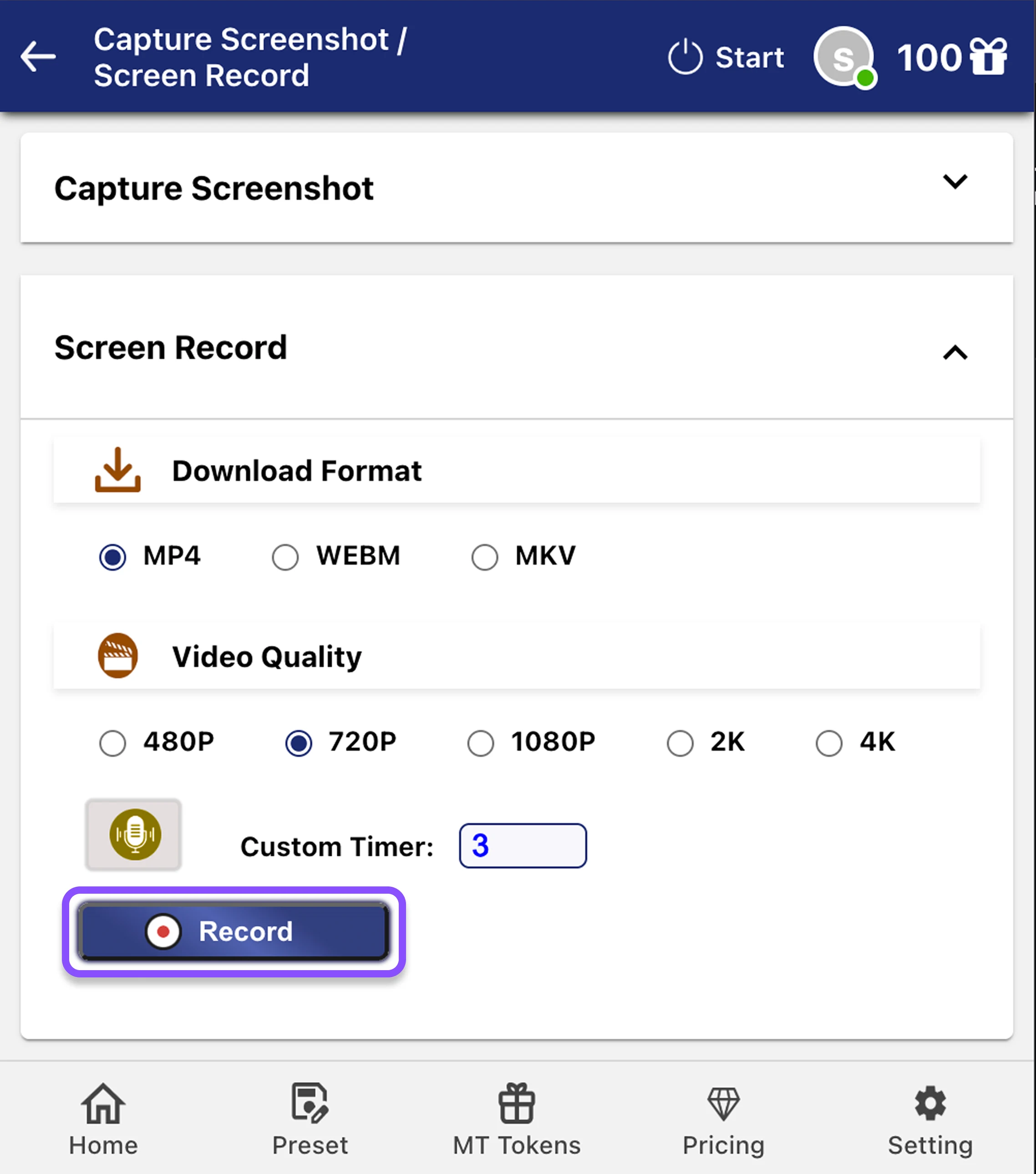 Step 3: Click on RECORD